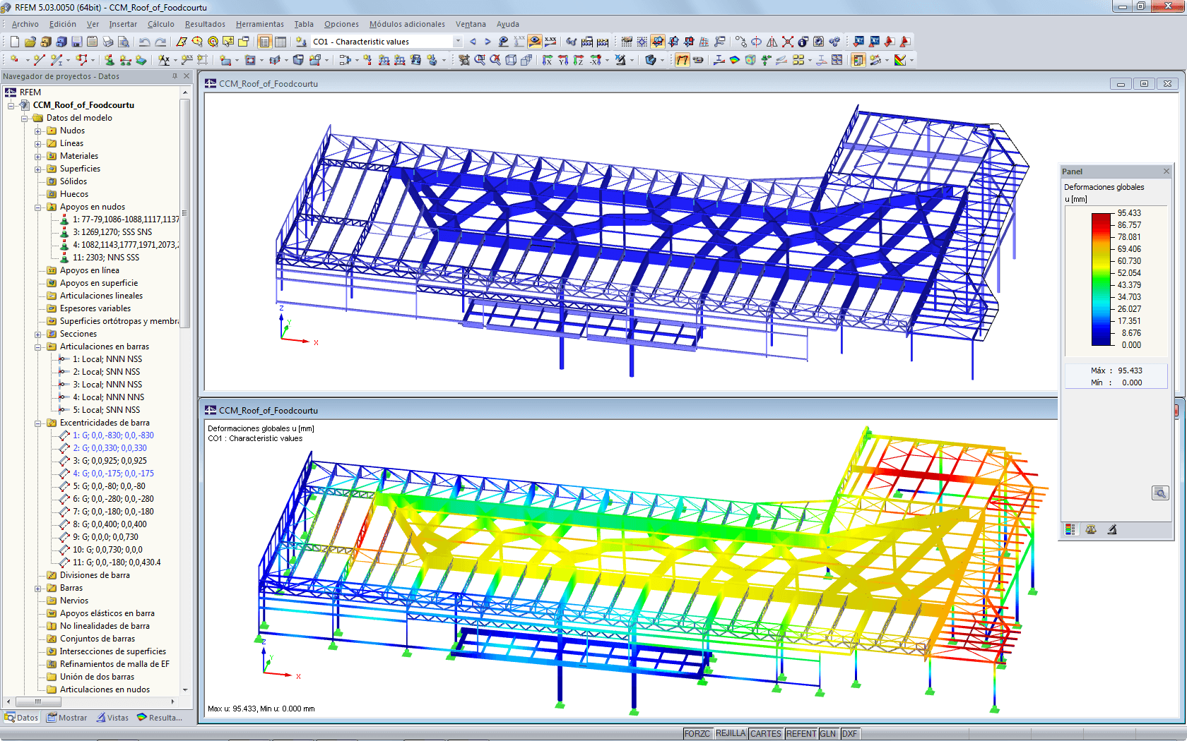 Modell des Food Court-Daches in RFEM mit Verformungsergebnissen (© Helika a.s.)