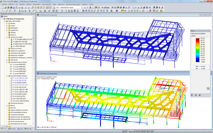 Modell des Food Court-Daches in RFEM mit Verformungsergebnissen (© Helika a.s.)