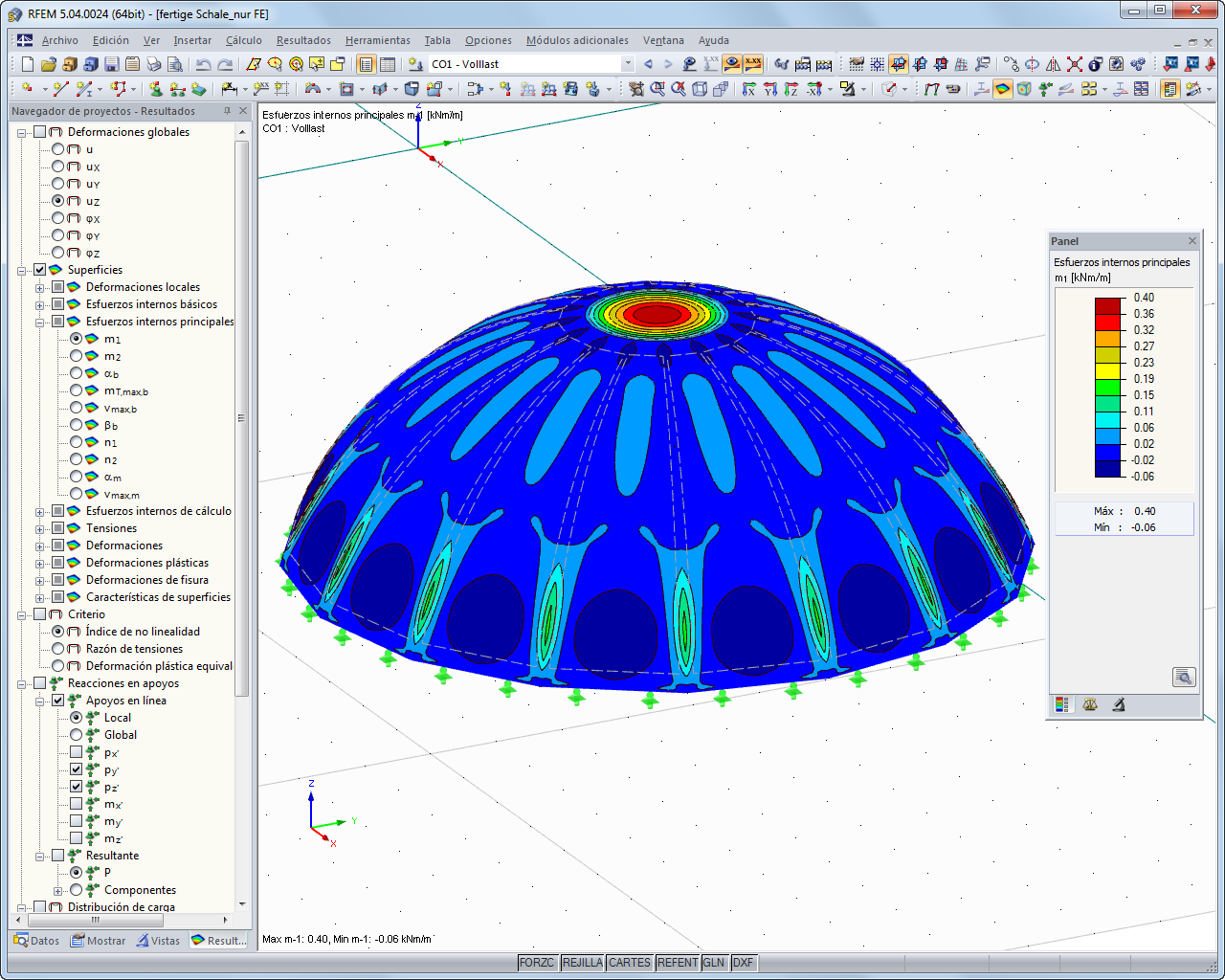 RFEM-Grafik mit Darstellung der max. Momente von 0,40 kNm/m in der Schale (Endzustand) unter Eigengewicht und 1,50 kN/m² Schnee (© TU Wien)