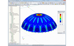 RFEM-Grafik mit Darstellung der max. Momente von 0,40 kNm/m in der Schale (Endzustand) unter Eigengewicht und 1,50 kN/m² Schnee (© TU Wien)