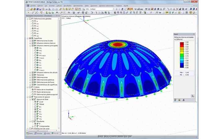 RFEM-Grafik mit Darstellung der max. Momente von 0,40 kNm/m in der Schale (Endzustand) unter Eigengewicht und 1,50 kN/m² Schnee (© TU Wien)