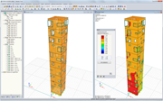 Modell des Außenturms sowie Bemessungsergebnisse von RF-LAMINATE in RFEM (© Wirth)