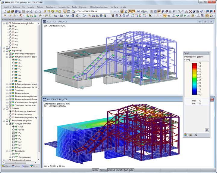 Modelo y deformaciones del edificio de caldera mostrado en RFEM (© AG-inženiring d.o.o.)
