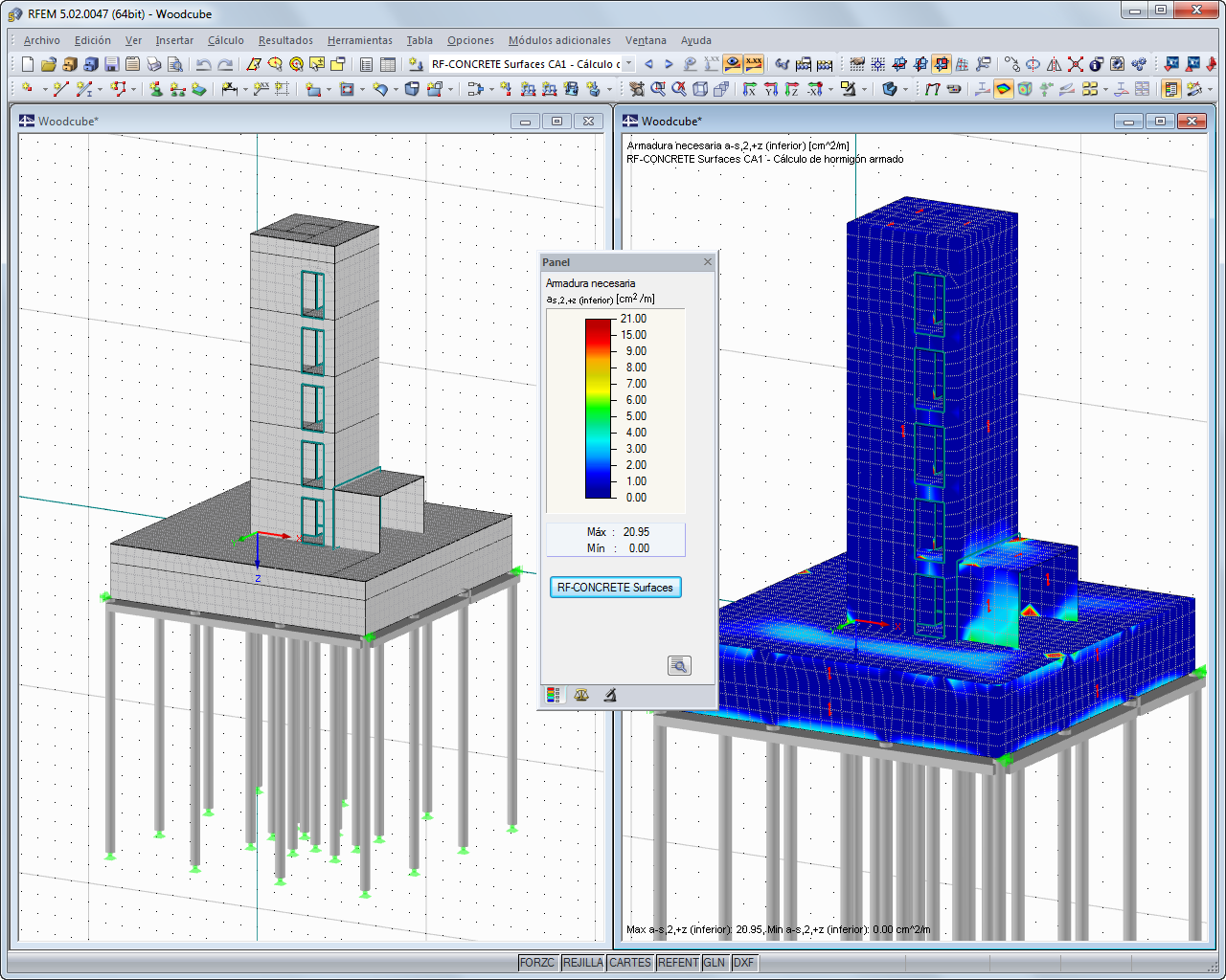 Modelo de hormigón armado y resultados de cálculo (© Isenmann Ingenieure)