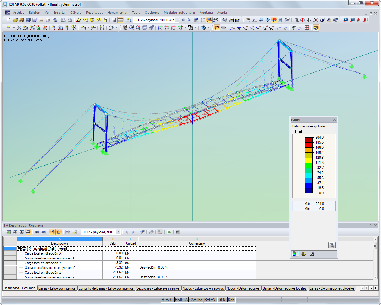 Modelo RSTAB de puente colgante con representación de la deformación (© EWB Karlsruhe)