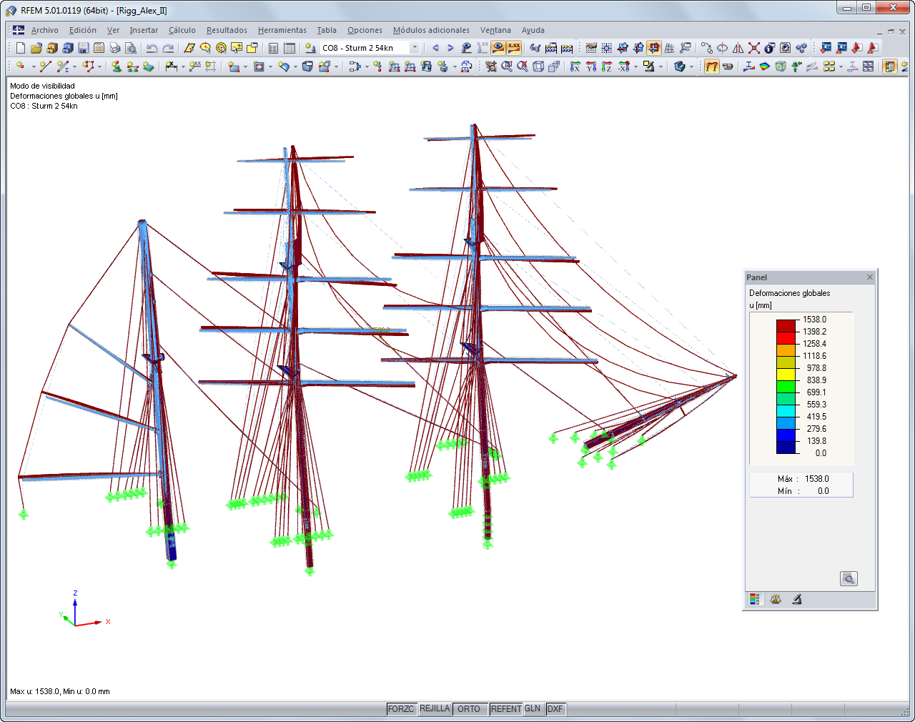 Deformación del aparejo en caso de una tormenta de 54 nudos (~ 100 km/h) en RFEM (© Wollert)