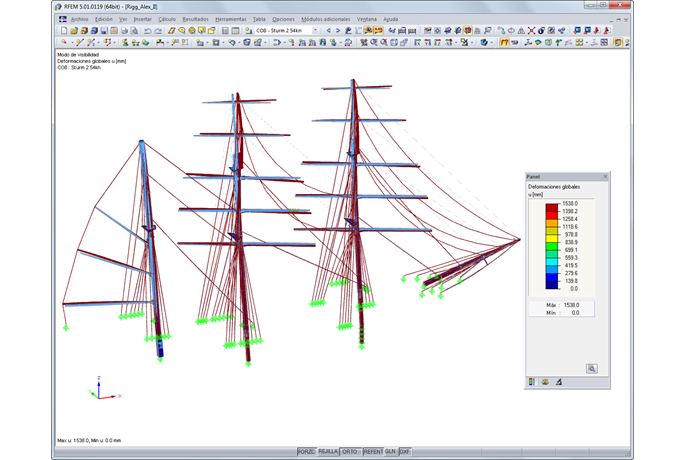 Deformación del aparejo en caso de una tormenta de 54 nudos (~ 100 km/h) en RFEM (© Wollert)