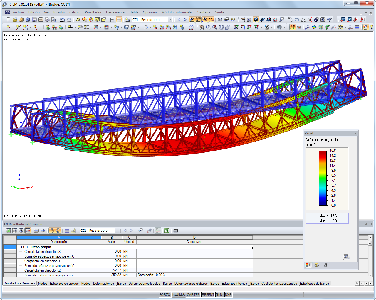 Representación de la deformación de un puente en RFEM (© Janson Bridging)