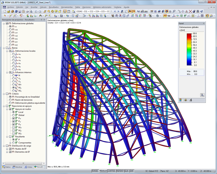 Modelo estructural de RFEM mostrando la deformación de la punta de una torre (© Werner Sobek Stuttgart)