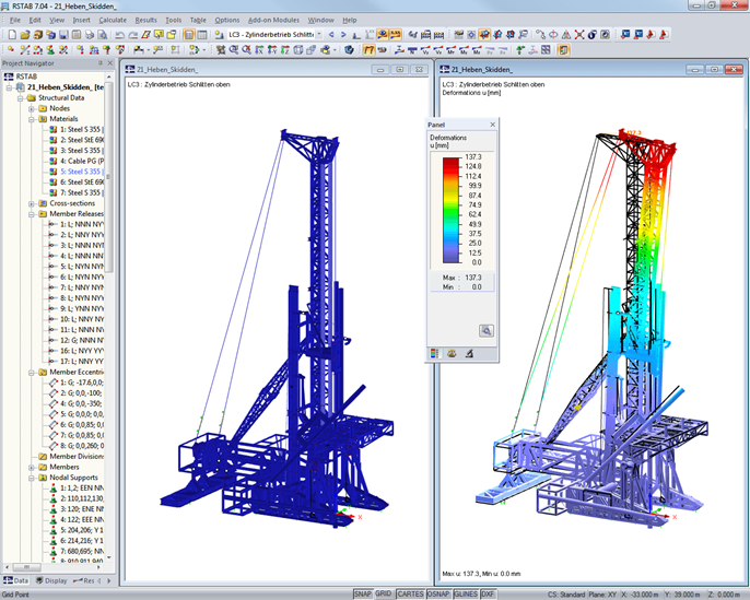 Modelo deformado y sin deformar de la torre de perforación en RSTAB (© IB H.-U. Möller)