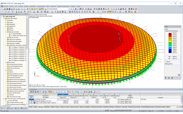 Modelo en 3D del cojín de ETFE con la red de cables en RFEM (© z3rch)