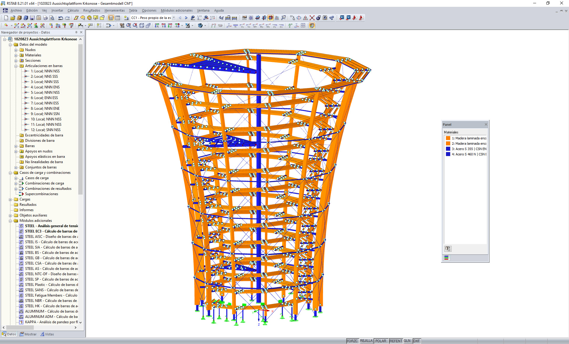 Modelo en 3D de la torre mirador en RSTAB (© WIEHAG GmbH)