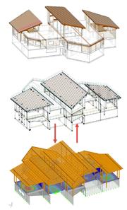 Arriba: modelo físico de Revit, medio: modelo analítico de Revit, abajo: modelo de RFEM (© AGA-Bau)