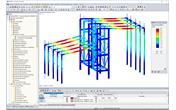 Modelo 3D de la estructura de la sala con deformaciones visualizadas en RFEM (© pbr)