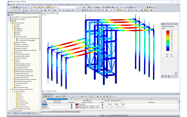 Modelo 3D de la estructura de la sala con deformaciones visualizadas en RFEM (© pbr)