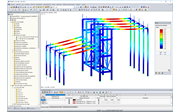 Modelo 3D de la estructura de la sala con deformaciones visualizadas en RFEM (© pbr)