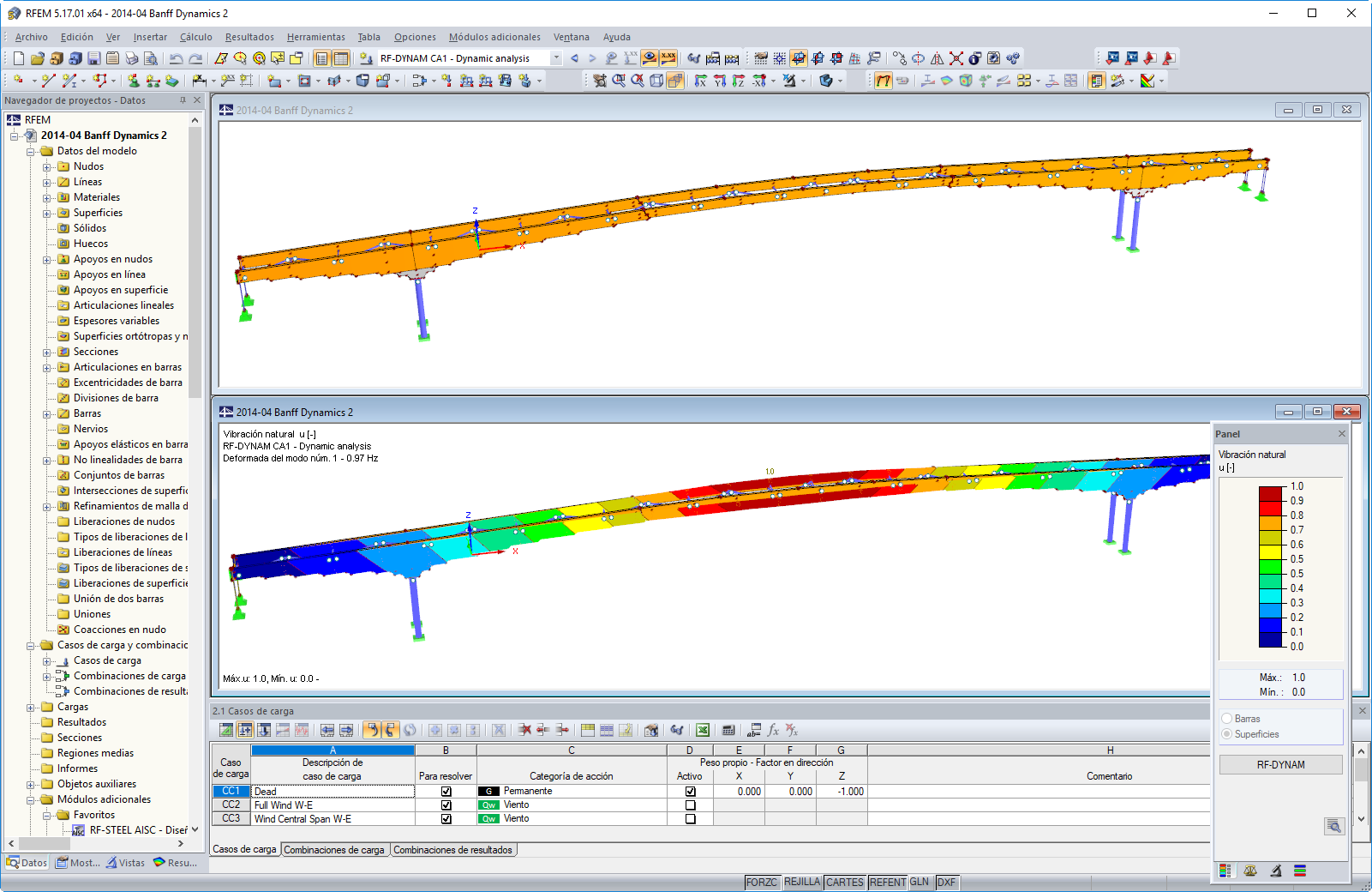 Modelo 3D (superior) y forma del primer modo (inferior) del puente en RFEM (© StructureCraft Builders Inc.)
