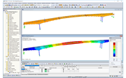 Modelo 3D (superior) y forma del primer modo (inferior) del puente en RFEM (© StructureCraft Builders Inc.)