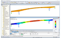 Modelo 3D (superior) y forma del primer modo (inferior) del puente en RFEM (© StructureCraft Builders Inc.)