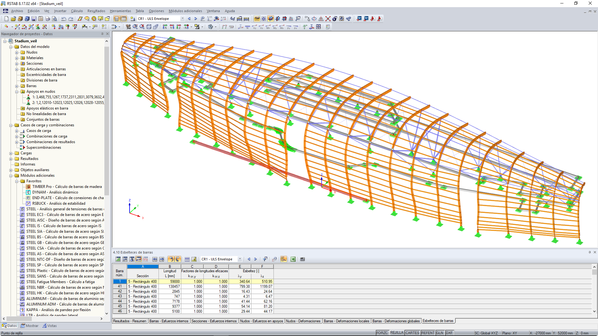 Modelo de RSTAB del revestimiento de madera del estadio TD Place ubicado en Ottawa, Canadá (© Moses Structural Engineers Inc.)