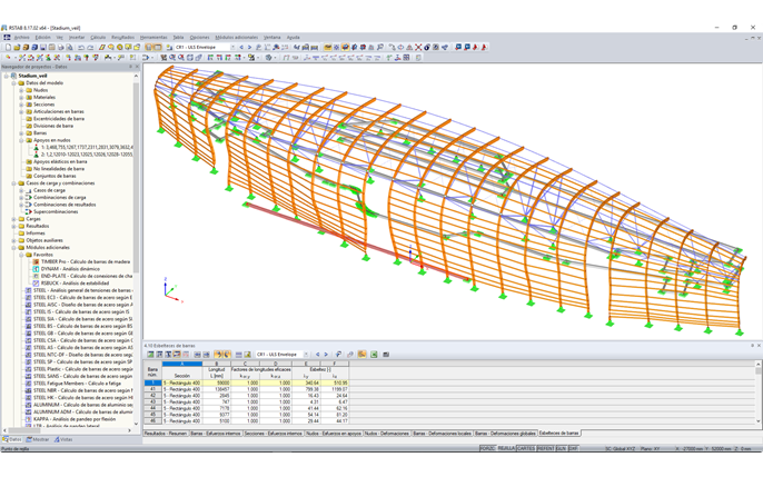 Modelo de RSTAB del revestimiento de madera del estadio TD Place ubicado en Ottawa, Canadá (© Moses Structural Engineers Inc.)