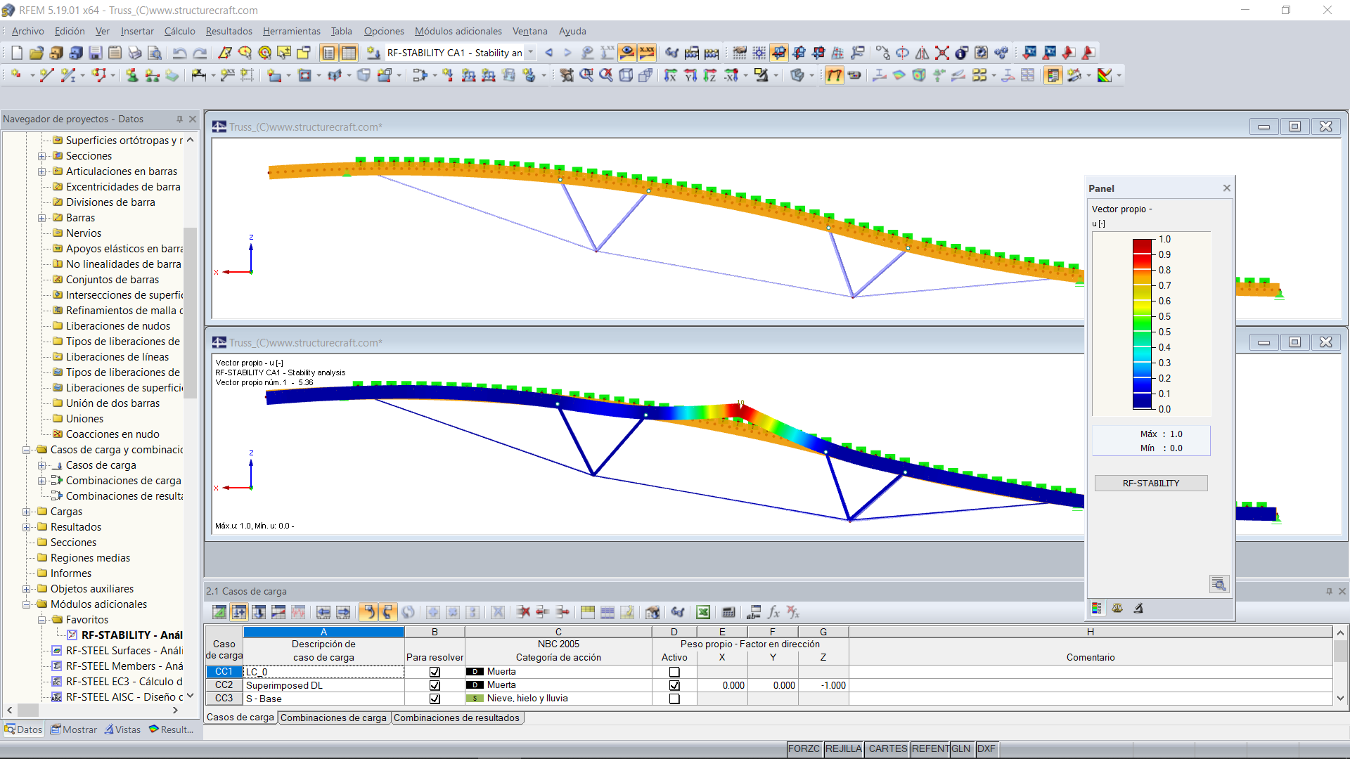 Modelo (superior) y forma del primer modo (inferior) de la armadura de techo híbrida en RFEM (© StructureCraft Builders Inc.)