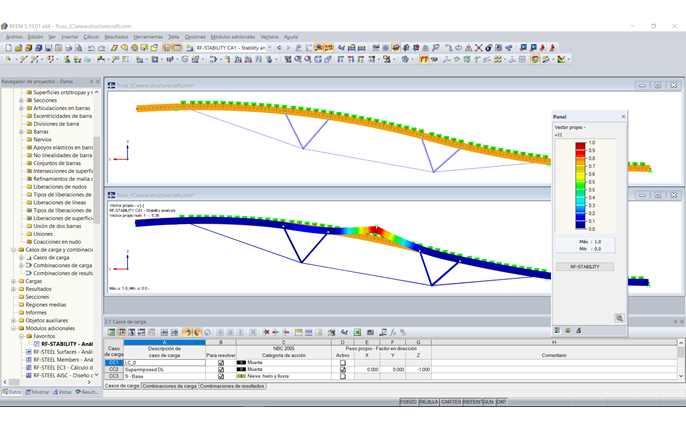 Modelo (superior) y forma del primer modo (inferior) de la armadura de techo híbrida en RFEM (© StructureCraft Builders Inc.)