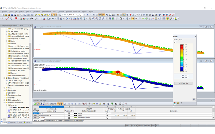 Modelo (superior) y forma del primer modo (inferior) de la armadura de techo híbrida en RFEM (© StructureCraft Builders Inc.)