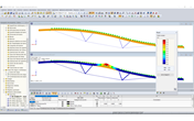 Modelo (superior) y forma del primer modo (inferior) de la armadura de techo híbrida en RFEM (© StructureCraft Builders Inc.)