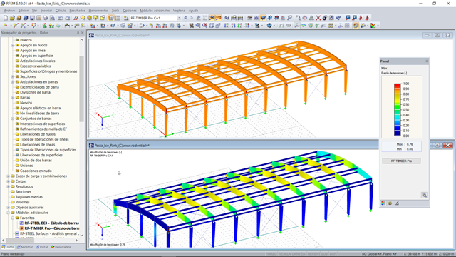 Modelo 3D de cubierta (superior) y resultados de diseño en RF-TIMBER Pro (inferior) en RFEM (© Rodentia SIA)