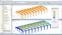 Modelo 3D de cubierta (superior) y resultados de diseño en RF-TIMBER Pro (inferior) en RFEM (© Rodentia SIA)