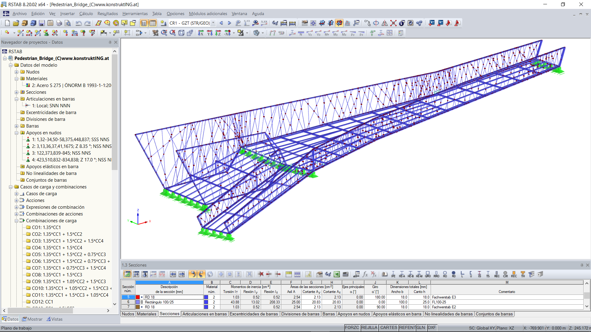 Modelo 3D de la pasarela peatonal en RSTAB (© Konstrukt: ING GmbH)