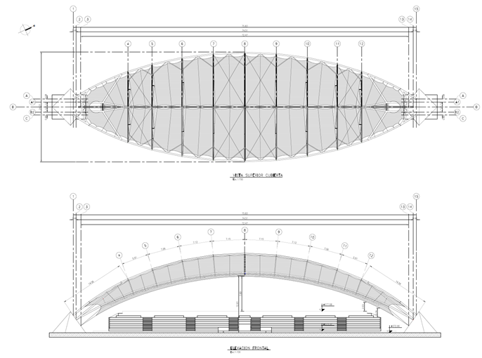 Plano de la sección con la vista superior (superior) y la sección a través de la cubierta (inferior, © FHS Ingeniería Estructural Ltda.)