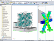 Modelo en 3D de la sede de Markas (izquierda) y análisis de tensiones de un nudo de celosía en RFEM (derecha, © ATP)