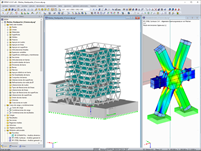 Modelo en 3D de la sede de Markas (izquierda) y análisis de tensiones de un nudo de celosía en RFEM (derecha, © ATP)