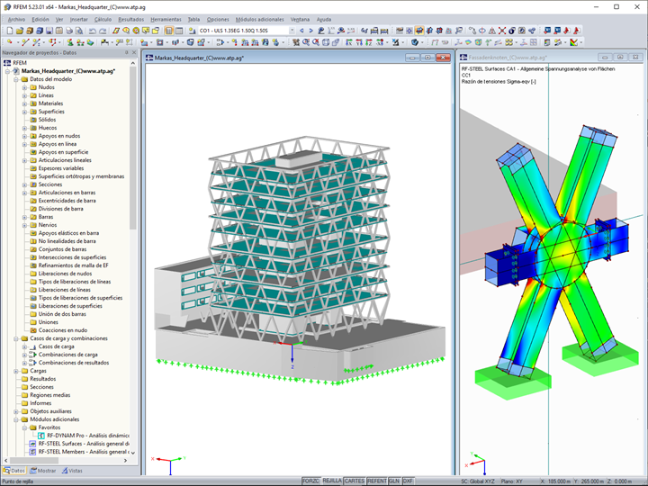 Modelo en 3D de la sede de Markas (izquierda) y análisis de tensiones de un nudo de celosía en RFEM (derecha, © ATP)