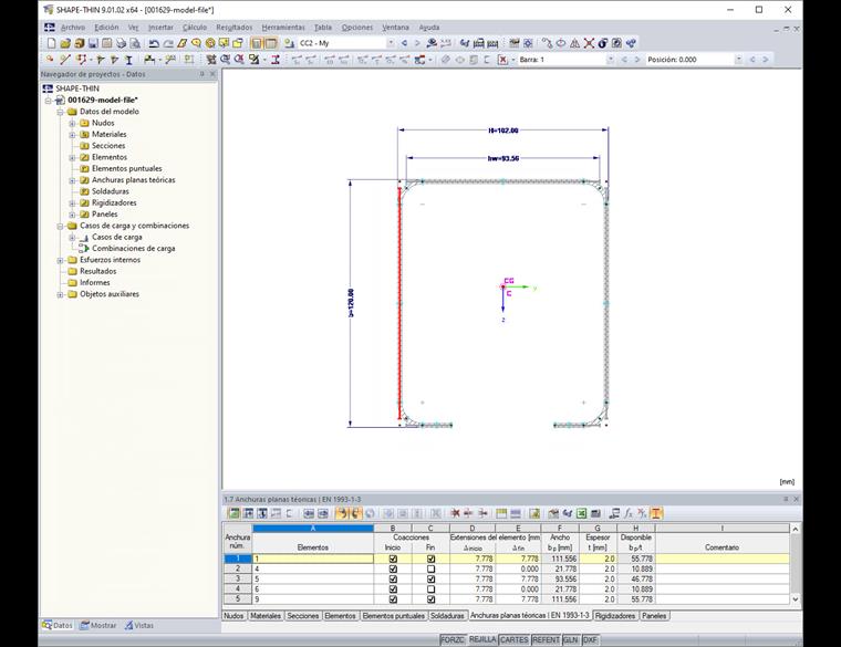 Tabla "1.7 Anchuras planas teóricas | EN 1993-1-3"