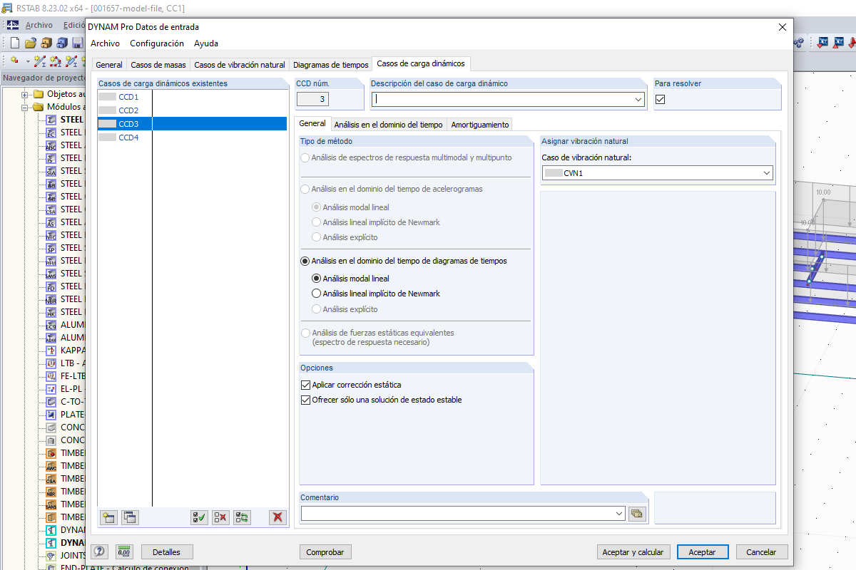 Configuración para calcular la solución de estado estacionario sin parte transitoria de la ecuación de movimiento