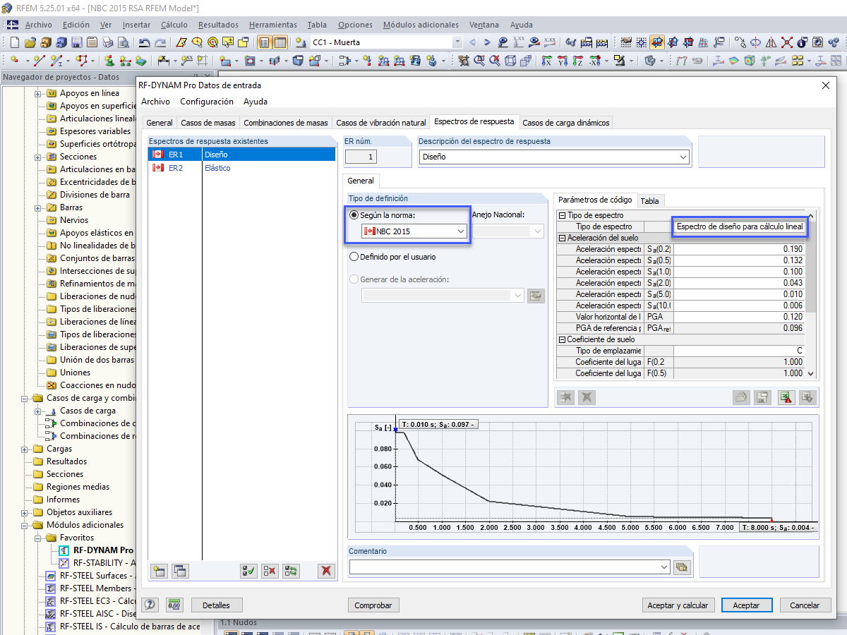 NBC 2015 Design Spectrum para el tipo de cálculo lineal para el análisis del espectro de respuesta modal