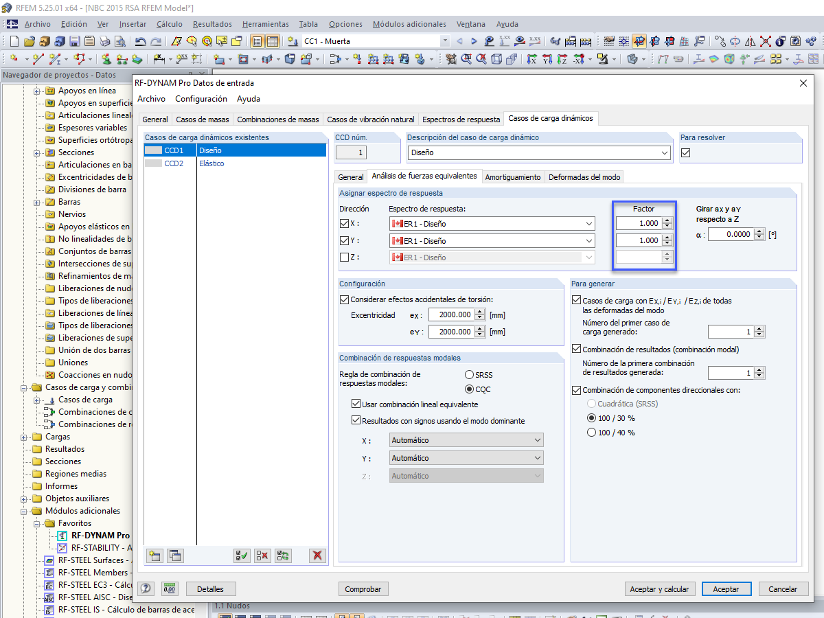 Opciones de escala del análisis del espectro de respuesta modal de NBC 2015 en RF-DYNAM Pro – Cargas equivalentes