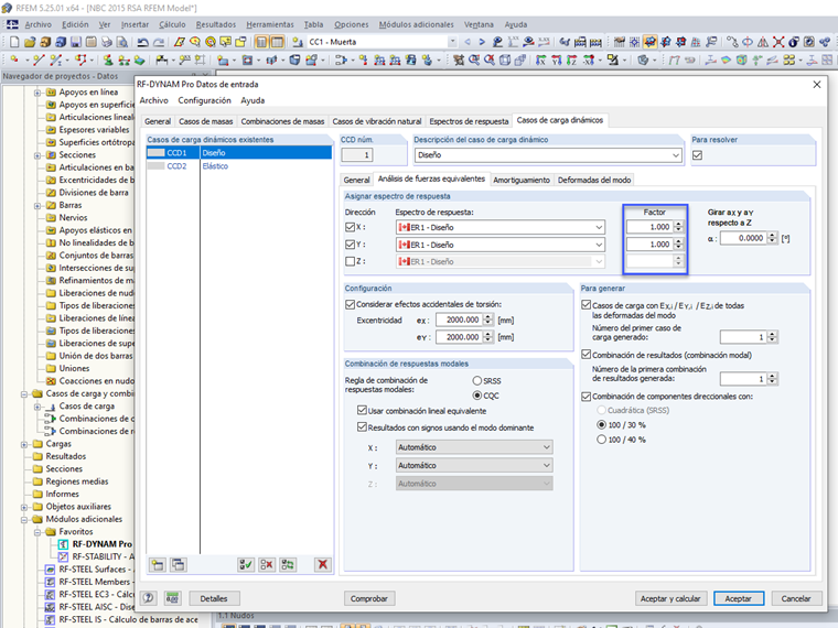 Opciones de escala del análisis del espectro de respuesta modal de NBC 2015 en RF-DYNAM Pro – Cargas equivalentes