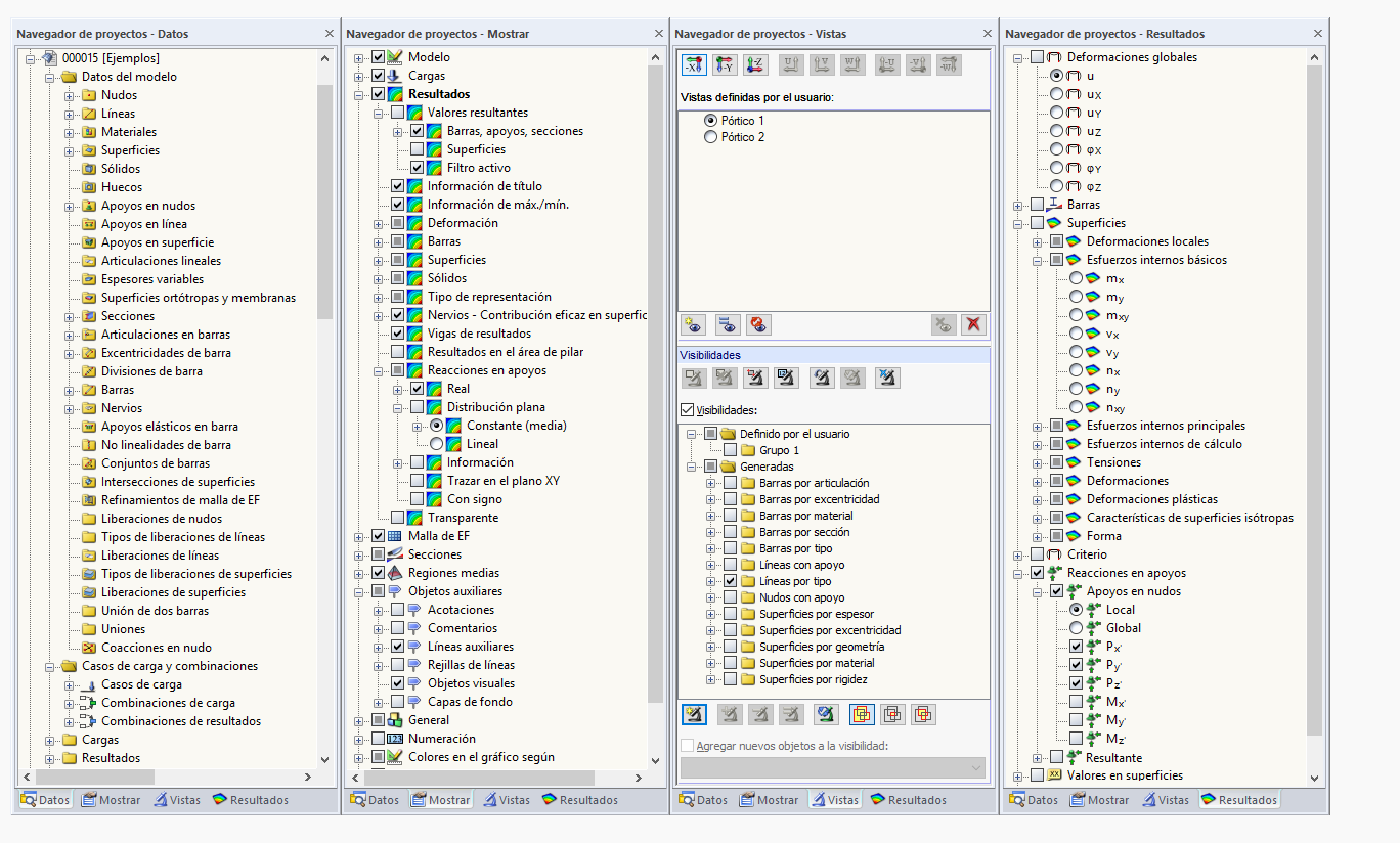 Fichas "Datos", "Visualización", "Vistas" y "Resultados" del Navegador de proyectos