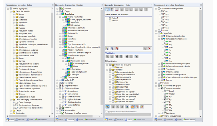 Fichas "Datos", "Visualización", "Vistas" y "Resultados" del Navegador de proyectos