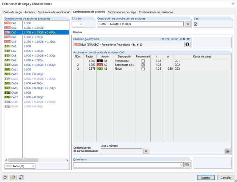 Ejemplo de combinaciones de acciones
