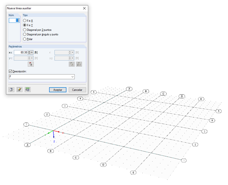 Cuadro de diálogo "Nueva línea auxiliar" y rejilla desde las líneas auxiliares