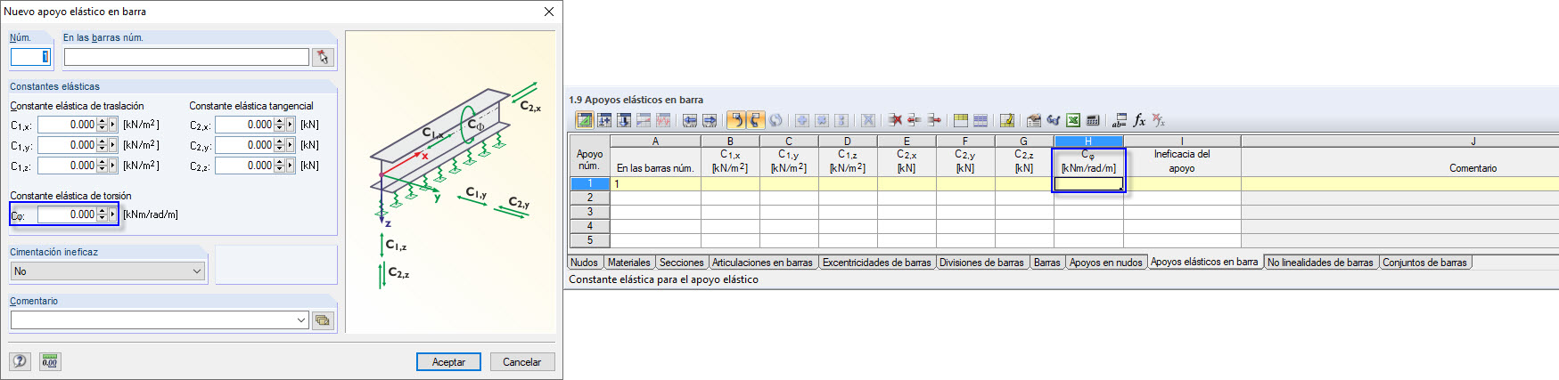 Cuadro de diálogo/tabla "Cimentaciones de barras elásticas"
