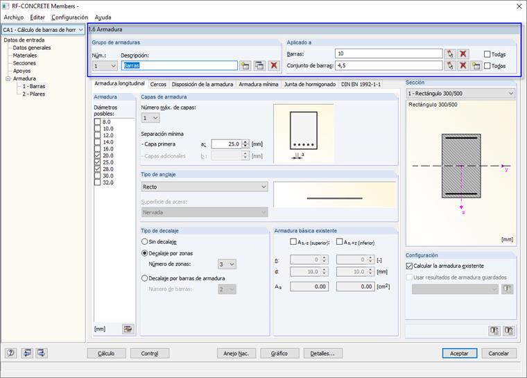 Ventana "1.6 Armadura" en RF-CONCRETE Members