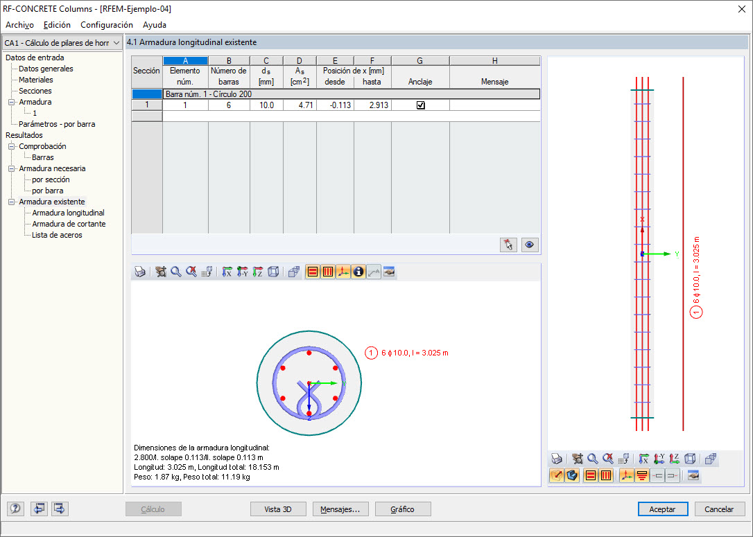 Ventana "Armadura longitudinal existente" en RF-CONCRETE Columns