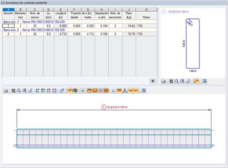 Cuadro de diálogo "Armadura de cortante existente"