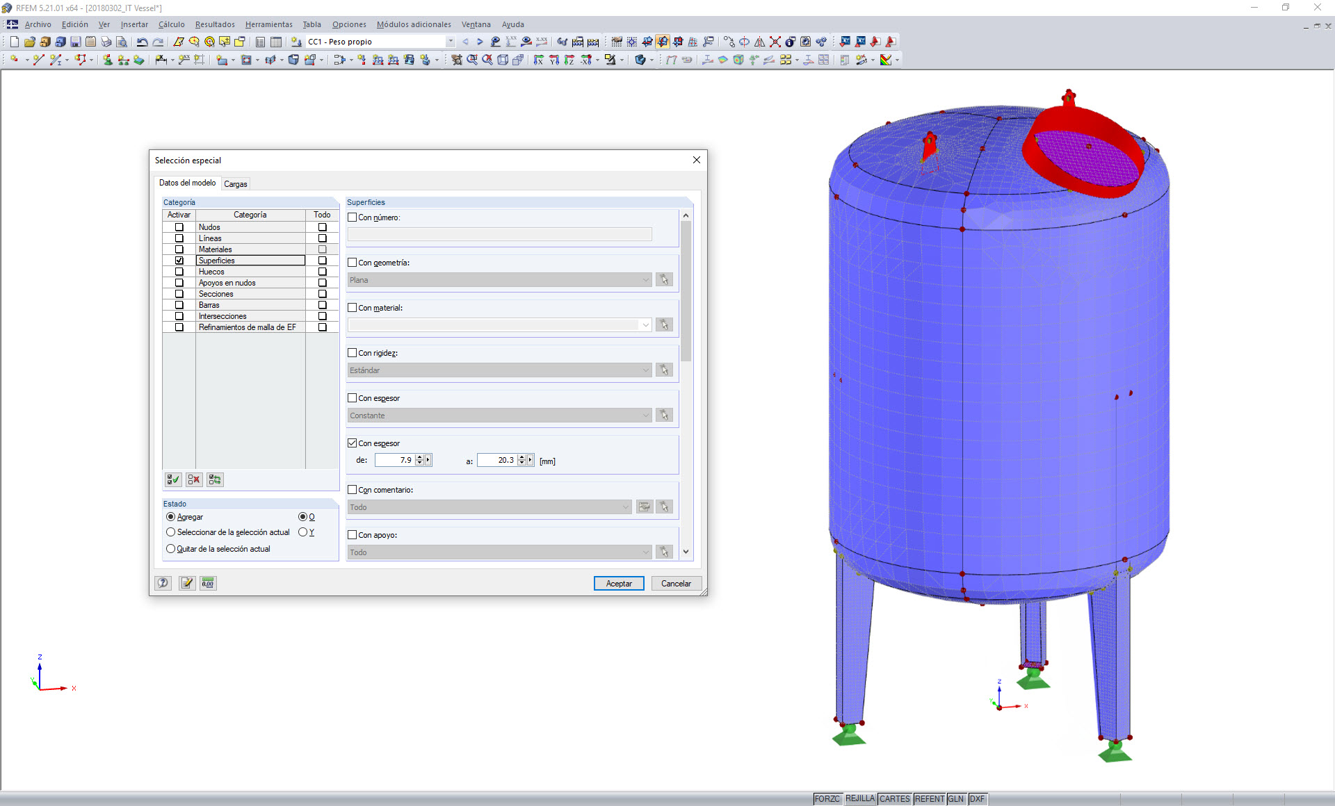 Selección de superficie por el espesor